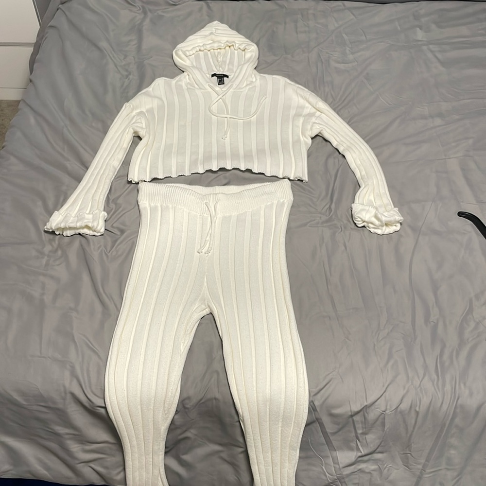 Jogger set - cream cropped hoodie top jogger set